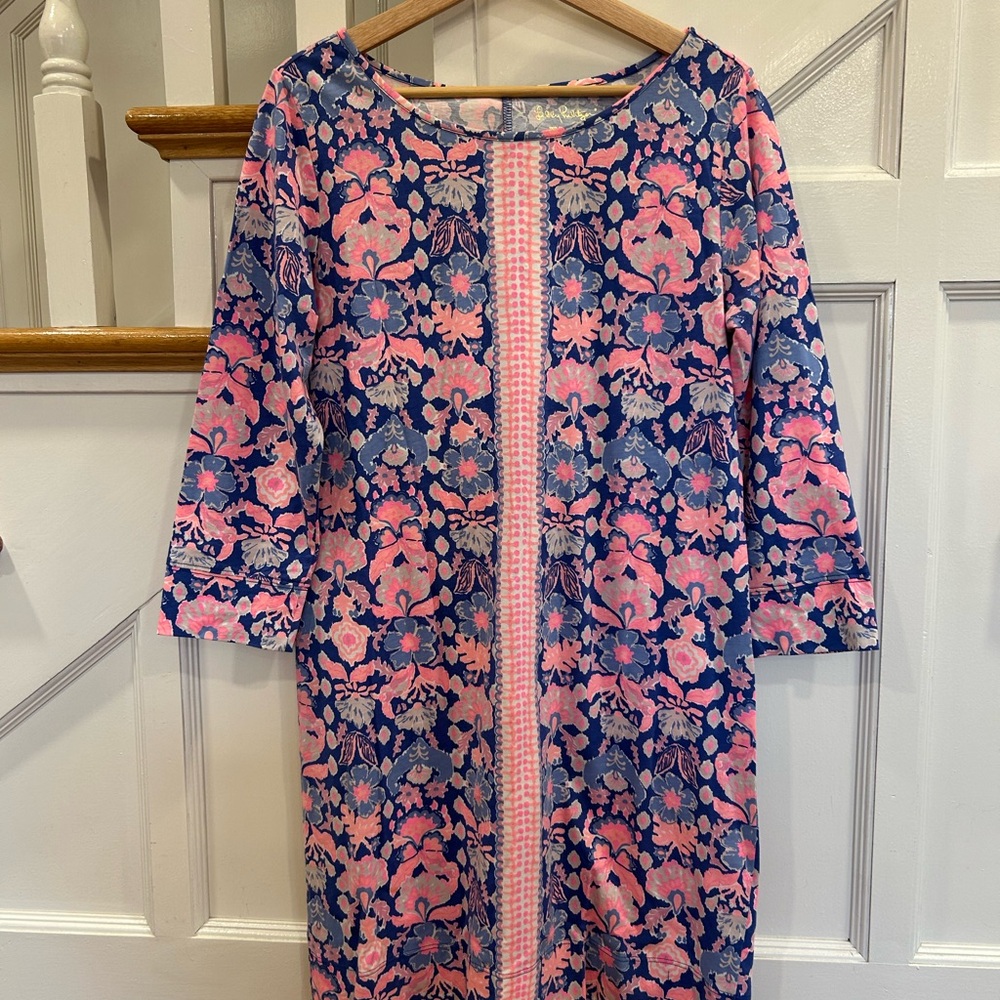 Lilly Pulitzer Marlowe Iris Blue Werk It Shirt Dress Pima Floral Women's Large